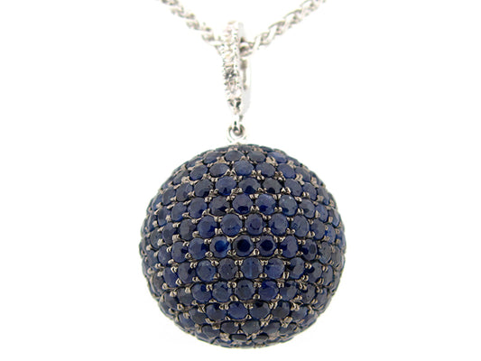 17MM, BLUE & WHITE SAPPHIRE BALL PENDANT, 20" CHAIN, SILVER (H)