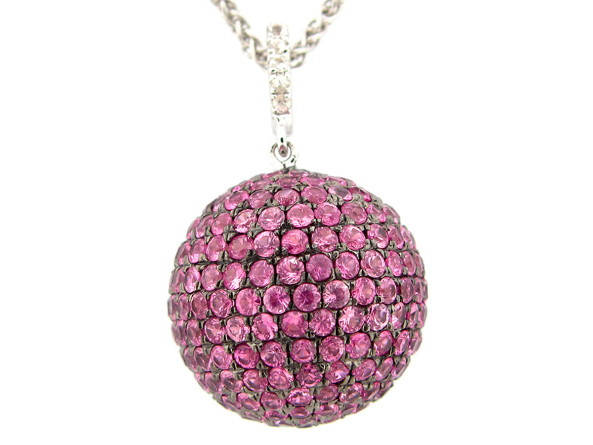 17MM, WHITE & PINK SAPPHIRE BALL PENDANT, 20" CHAIN, SILVER (H)