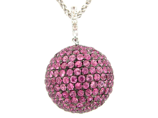 17MM, WHITE & PINK SAPPHIRE BALL PENDANT, 20" CHAIN, SILVER (H)