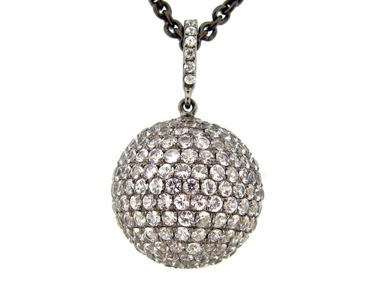 17MM, WHITE SAPPHIRE BALL PENDANT, BLACK FINISH, 20" CHAIN, SILVER (H)