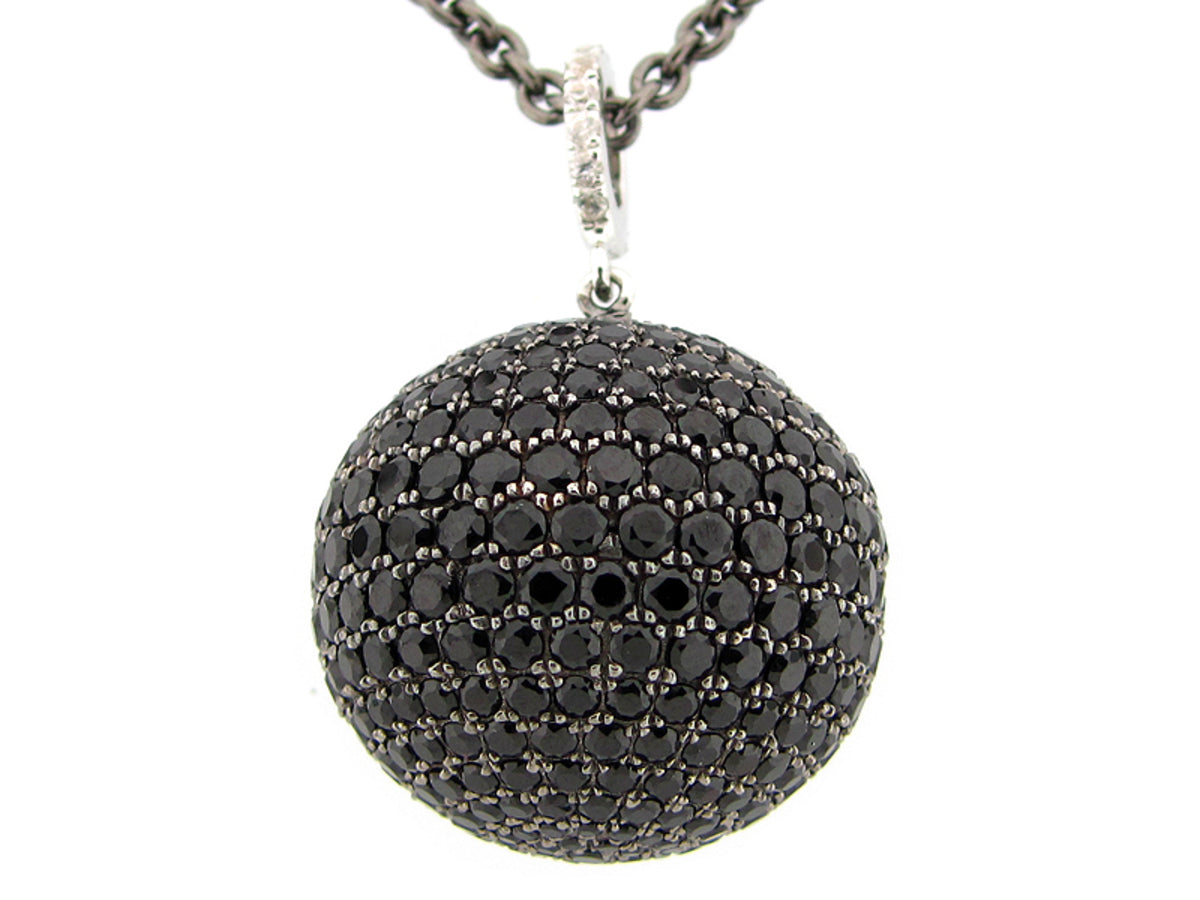 20MM, BLACK SPINEL & WHITE SAPPHIRE BALL PENDANT, BLACK FINISH, 24" CHAIN, SILVER (N/H)