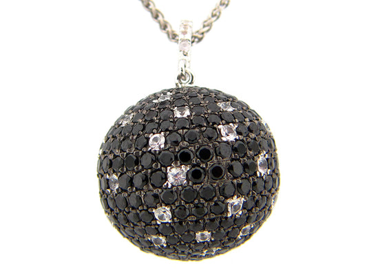 20MM, BLACK SPINEL & WHITE SAPPHIRE BALL PENDANT, 24" CHAIN, SILVER (N/H)