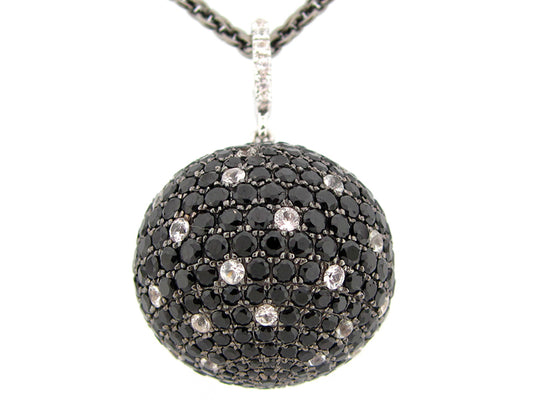 20MM, BLACK SPINEL & WHITE SAPPHIRE BALL PENDANT, BLACK FINISH, 24" CHAIN, SILVER (N/H)