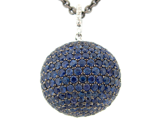 20MM, BLUE & WHITE SAPPHIRE BALL PENDANT, BLACK FINISH, SILVER (H)