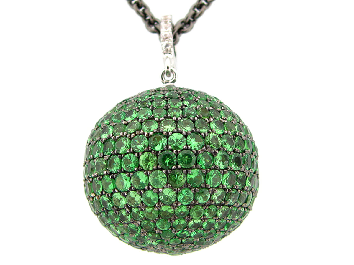 20MM, WHITE SAPPHIRE & TSAVORITE BALL PENDANT, 24" CHAIN, BLACK FINISH,  SILVER (H)