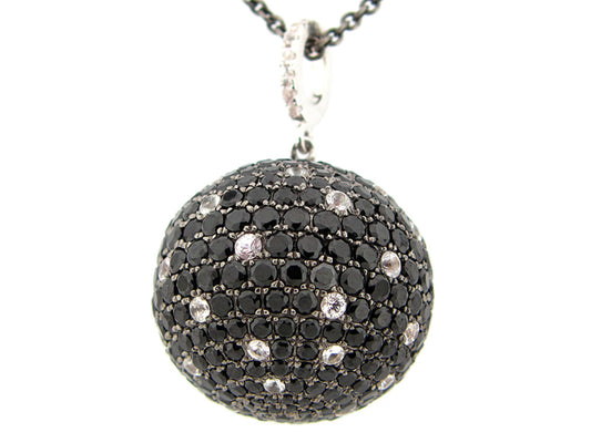 20MM, BLACK SPINEL & WH SAPPHIRE BALL PENDANT, 24" WH SAPPHIRE CHAIN, BLACK FINISH, SILVER