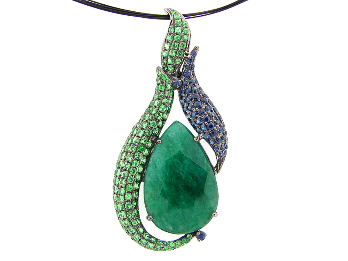 EMERALD DYED, SAPPHIRE & TSAVORITE PENDANT, BLACK FINISH, SILVER (D/H), CENTER=28.05