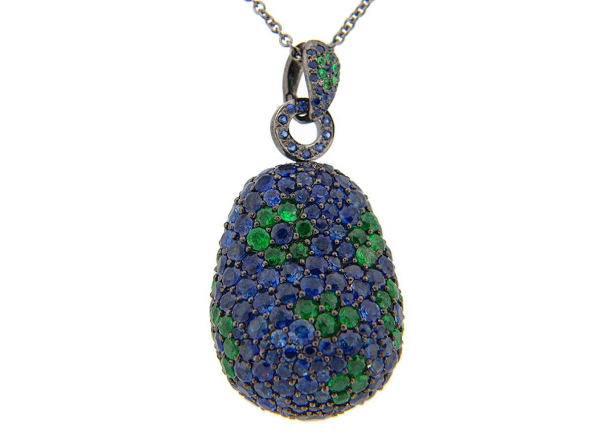 SAPPHIRE & TSAVORITE PENDANT , BLACK FINISH, 30 " CHAIN, SILVER (H)