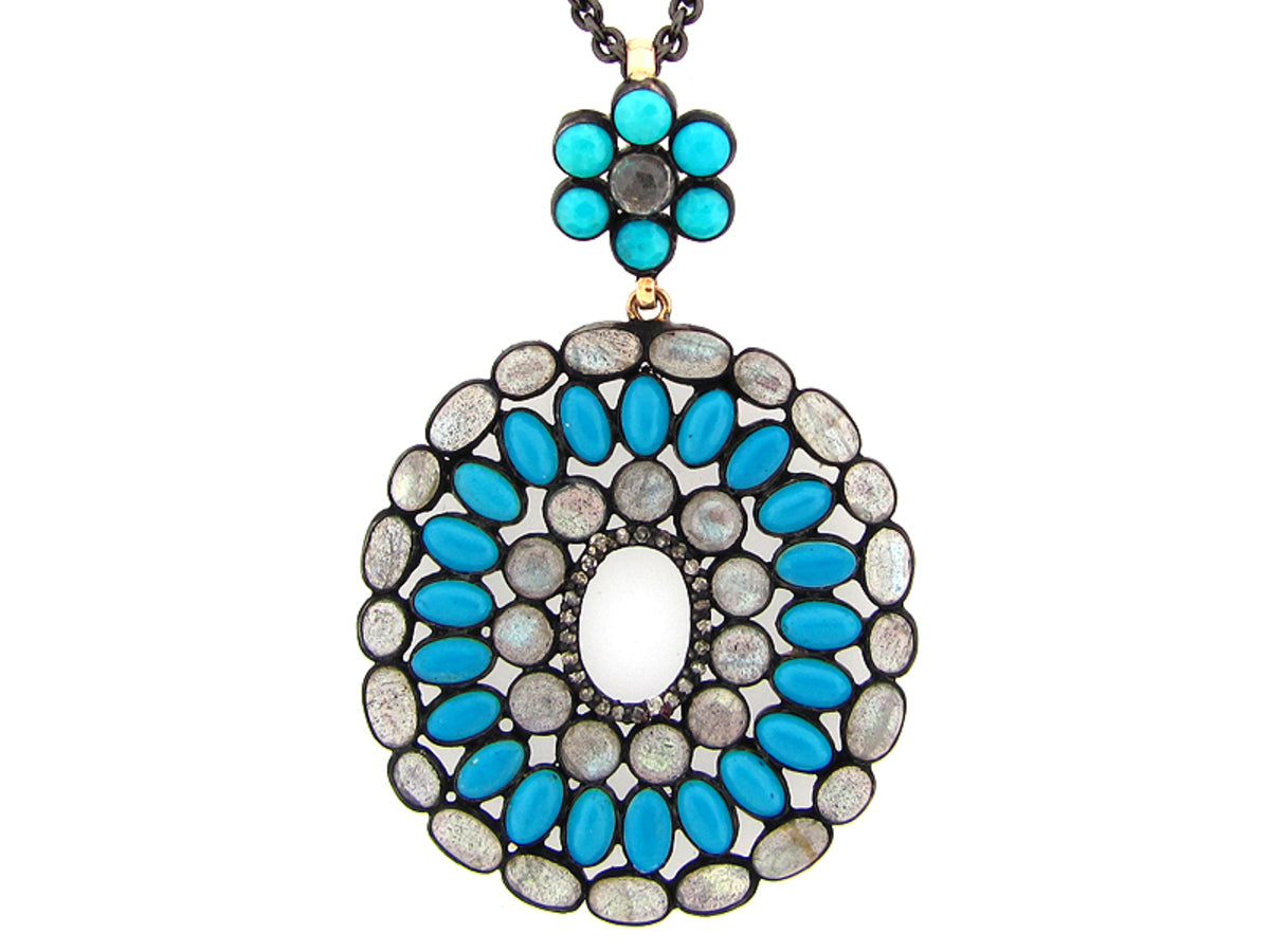 TURQUOISE, LABRADORITE & BROWN DIAMOND PENDANT, SILVER (H)