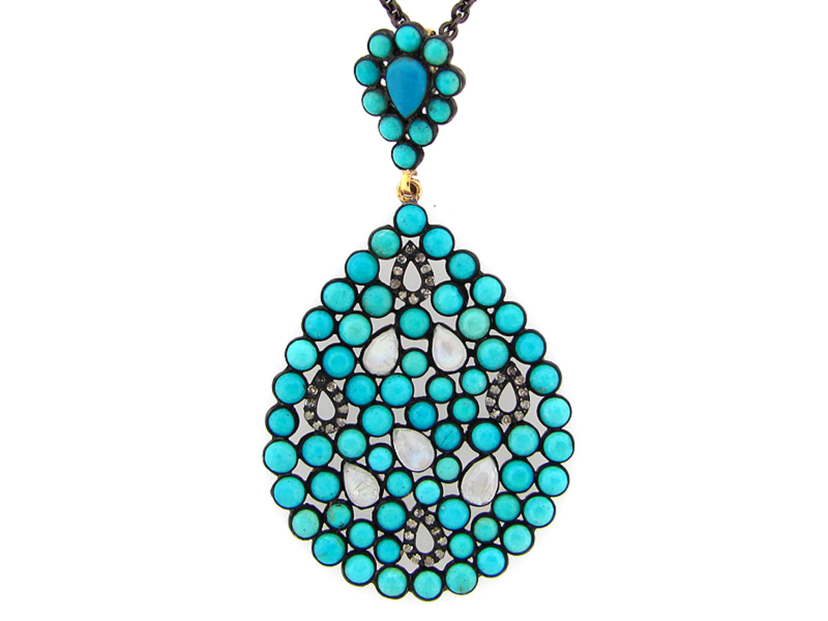 TURQUOISE, MOONSTONE, BROWN DIAMOND PENDANT, SILVER (H)
