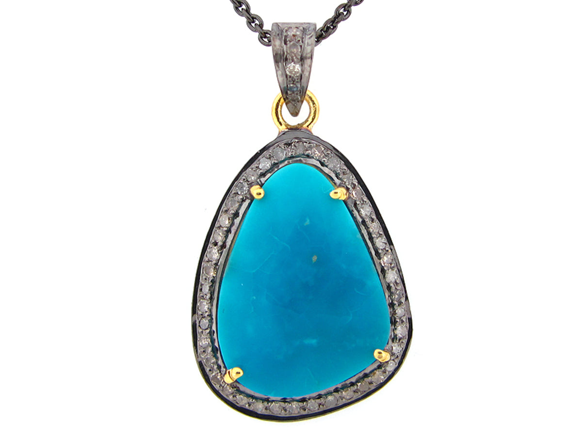 TURQUOISE & BROWN DIAMOND PENDANT, YELLOW FINISH, SILVER (H)