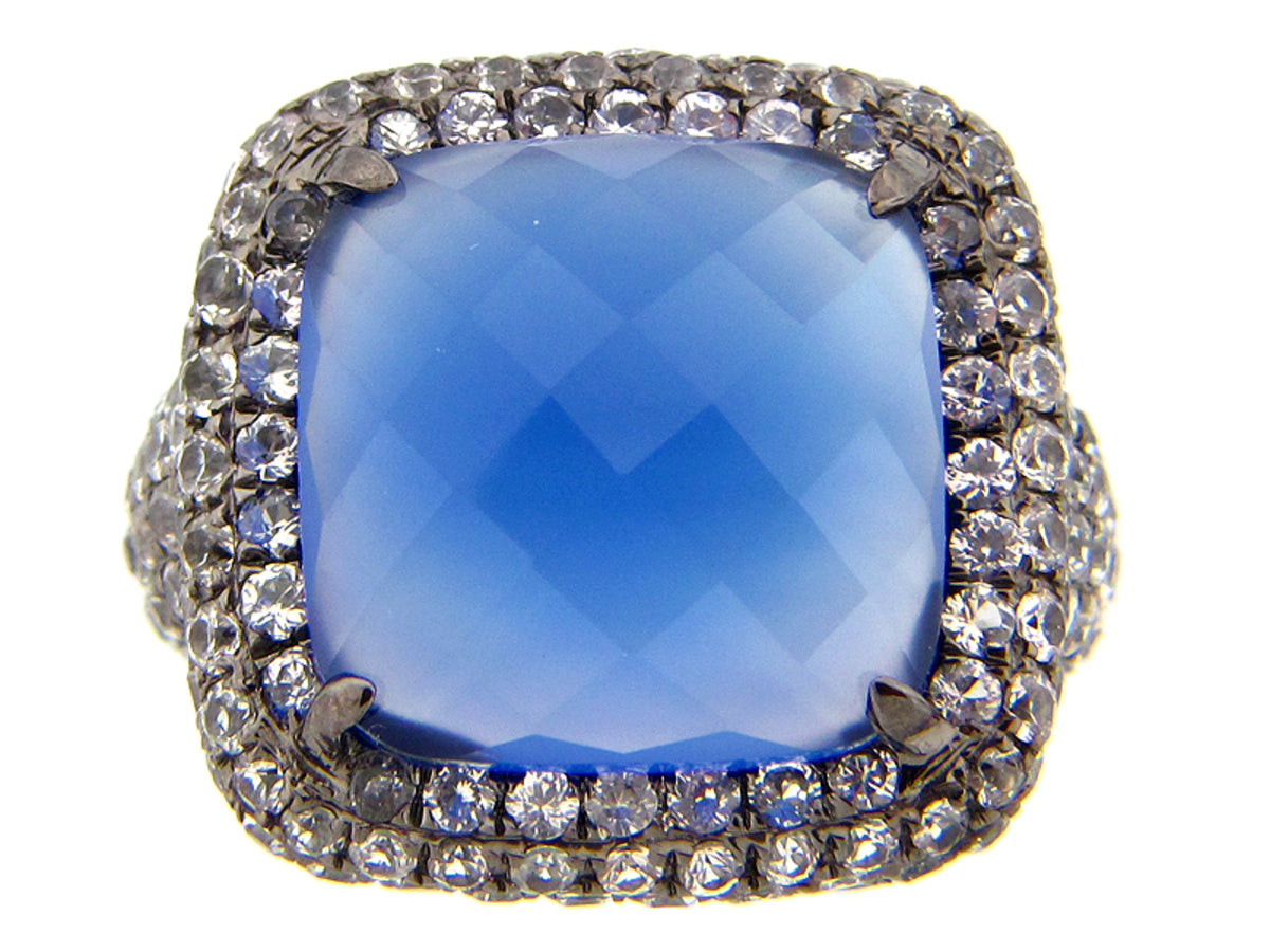 BLUE AGATE & WHITE SAPPHIRE RING, BLACK FINISH, SILVER (D/E)