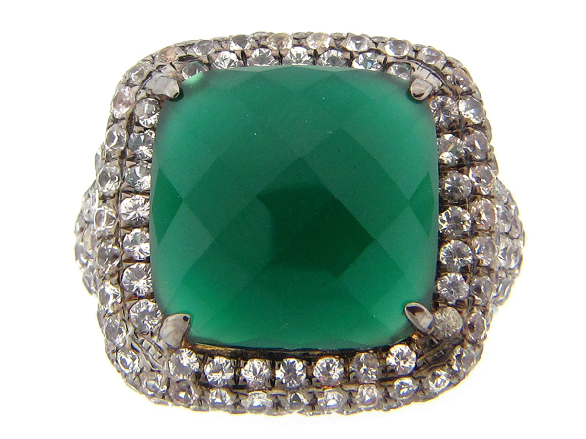 GREEN AGATE & WHITE SAPPHIRE RING, BLACK FINISH, SILVER (D/E)