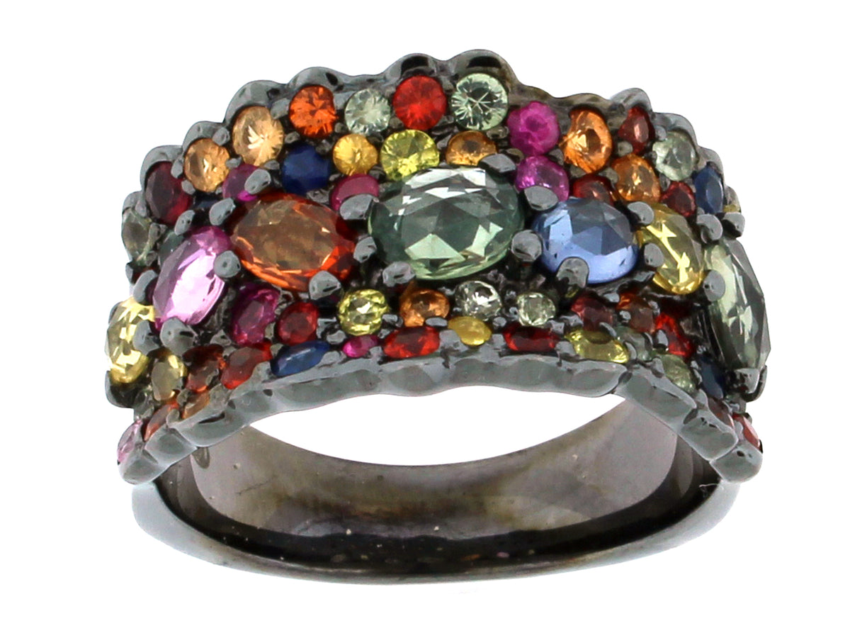 RAINBOW SAPPHIRE RING, BLACK FINISH, SILVER (H)