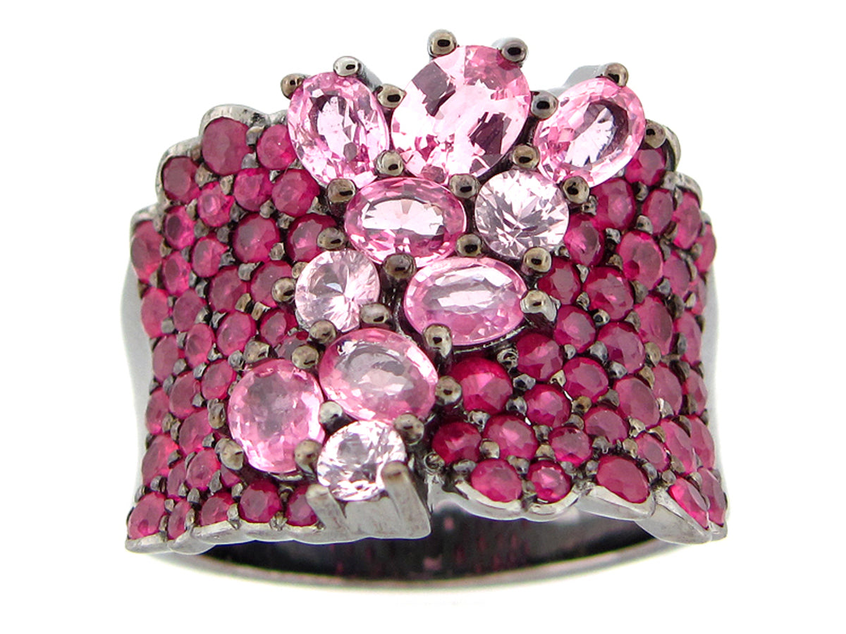 RUBY & PINK SAPPHIRE RING, BLACK FINISH, SILVER (H)