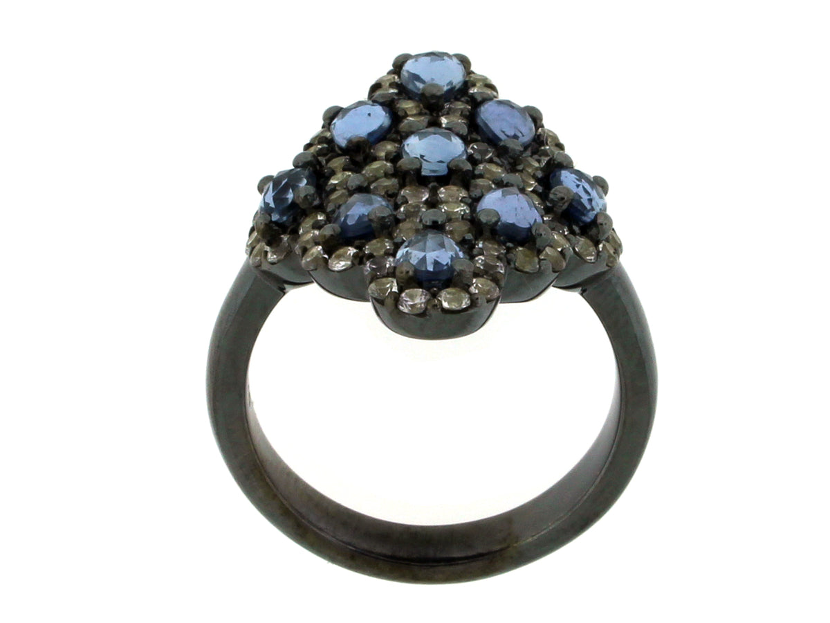 WHITE & BLUE SAPPHIRE RING, BLACK FINISH, SILVER (H)