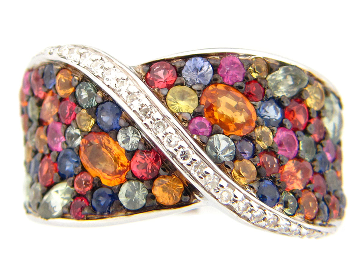 RAINBOW SAPPHIRE & DIAMOND RING, SILVER (E/U), C=3.78