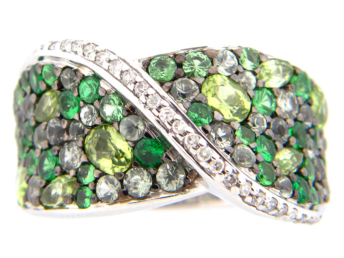 TSAVORITE/FANCY SAPPHIRE/PERIDOT & DIAMOND RING, SILVER (N/E), C=3.14