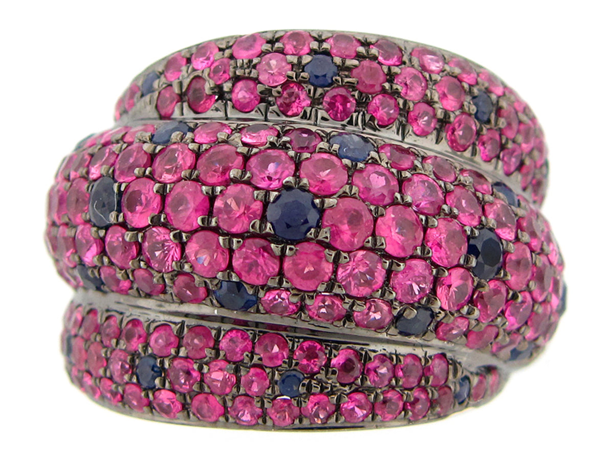 Pink Blue Sapphire Ring, Black Finish, Silver (H)