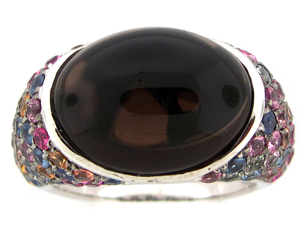SMOKEY QUARTZ/RAINBOW SAPPHIRE RING, SILVER (H)