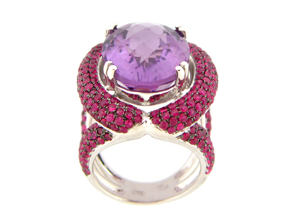 AMETHYST & RUBY RING, SILVER (H)