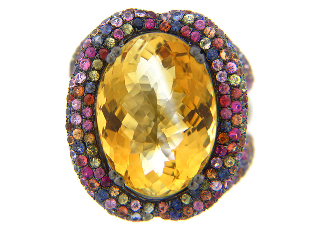 CITRINE/RAINBOW SAPPHIRE RING, SILVER (E/U)