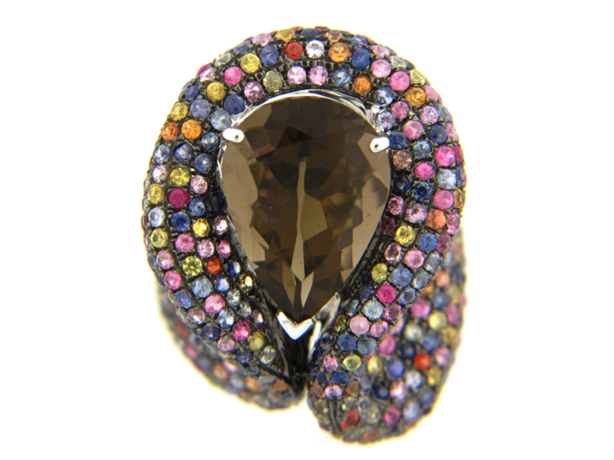 SMOKEY QUARTZ/RAINBOW SAPPHIRE RING