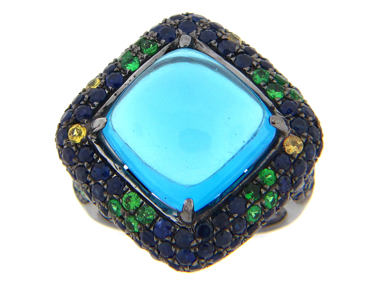 BLUE TOPAZ, SAPPHIRE, TSAVORITE & YELLOW SAPPHIRE RING, SILVER (R/N/H)