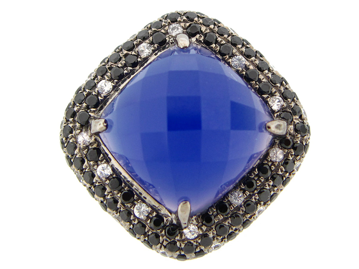 BLUE AGATE, BLACK SPINEL & WHITE SAPPHIRE RING, BLACK FINISH, SILVER (D/H)