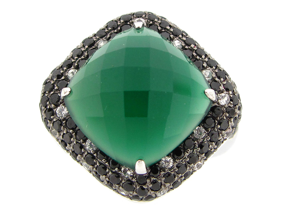 GREEN AGATE, BLACK SPINEL & WHITE SAPPHIRE RING, SILVER (D/E)