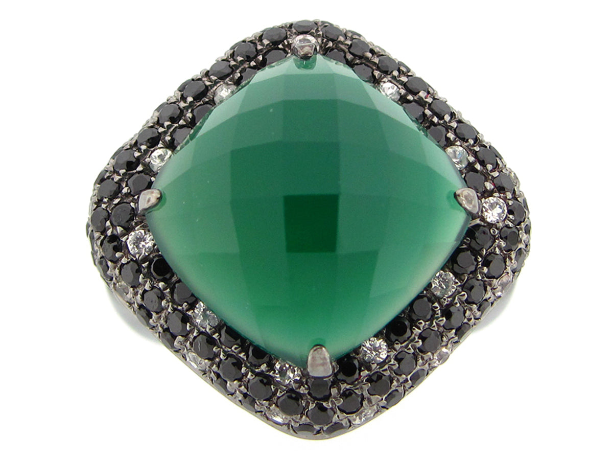 GREEN AGATE, BLACK SPINEL & WHITE SAPPHIRE RING, BLACK FINISH, SILVER (D/E)
