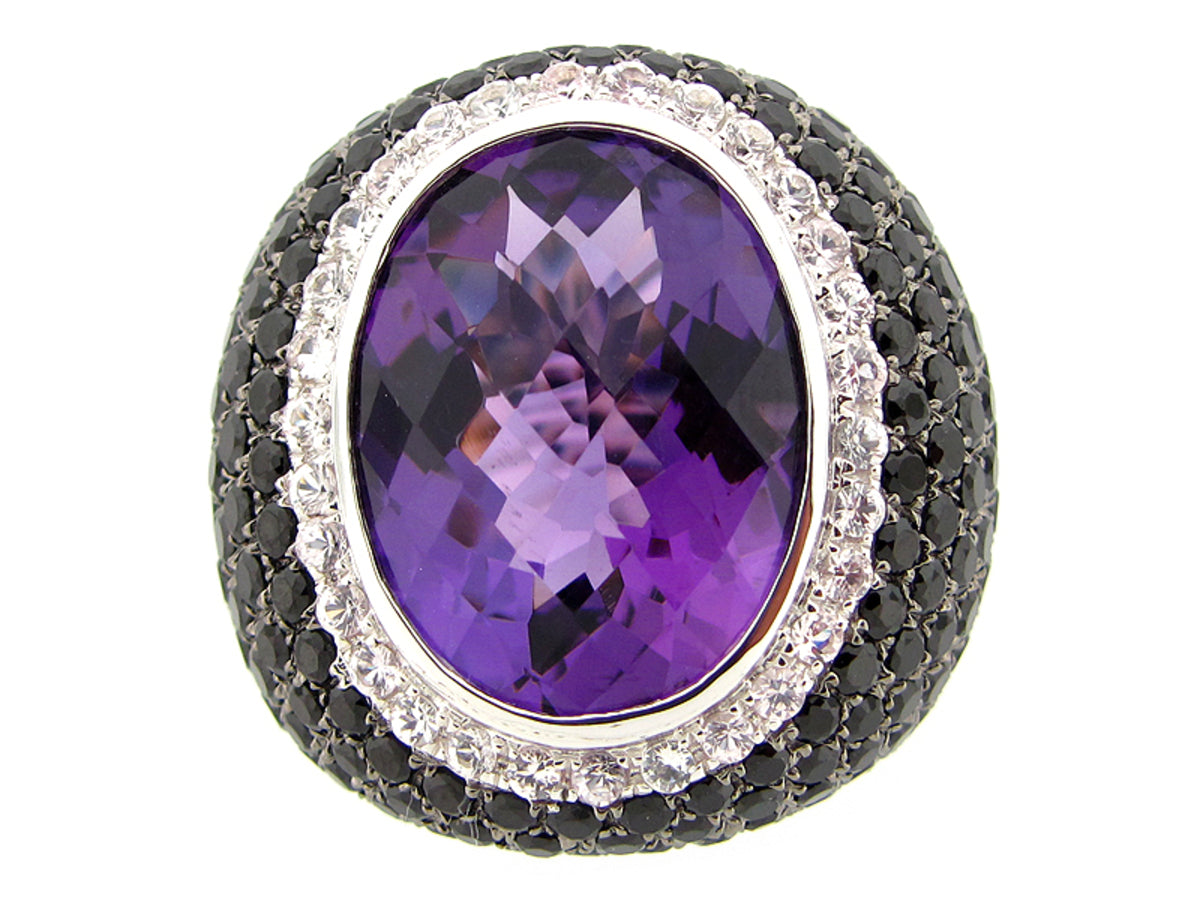 AMETHYST, WHITE SAPPHIRE & BLACK SPINEL RING, SILVER (H/N)