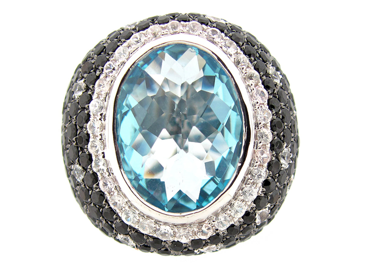 CHB BLUE TOPAZ, WHITE SAPP & BLK SPINEL RING, SILVER (H/R)