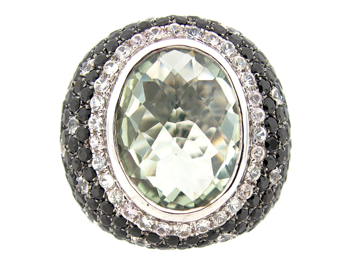 CHB GREEN AMETHYST, WHITE SAPPHIRE & BLACK SPINEL RING, SILVER (H/N)