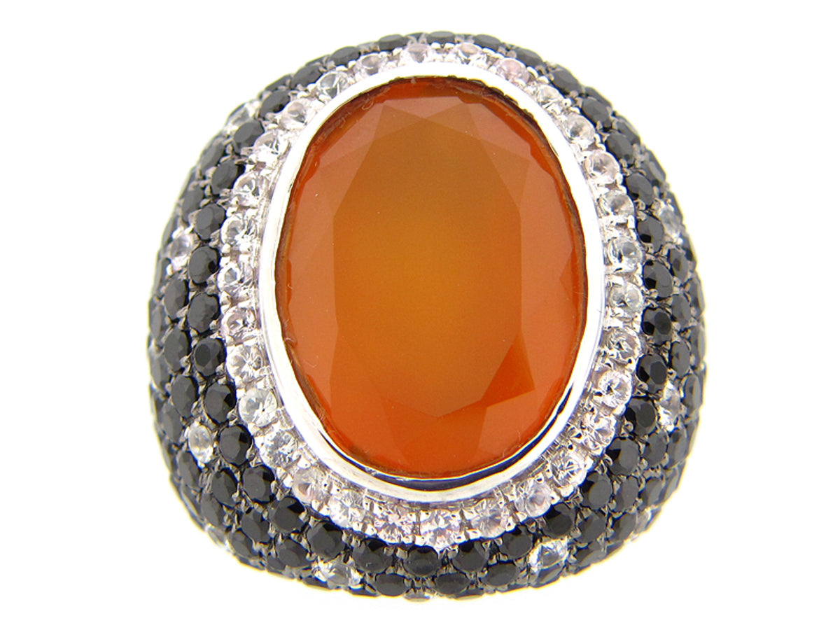 RED ORANGE AGATE, BL SPINEL & WHITE SAPP RING, BLACK FINISH, SILVER (D/R)