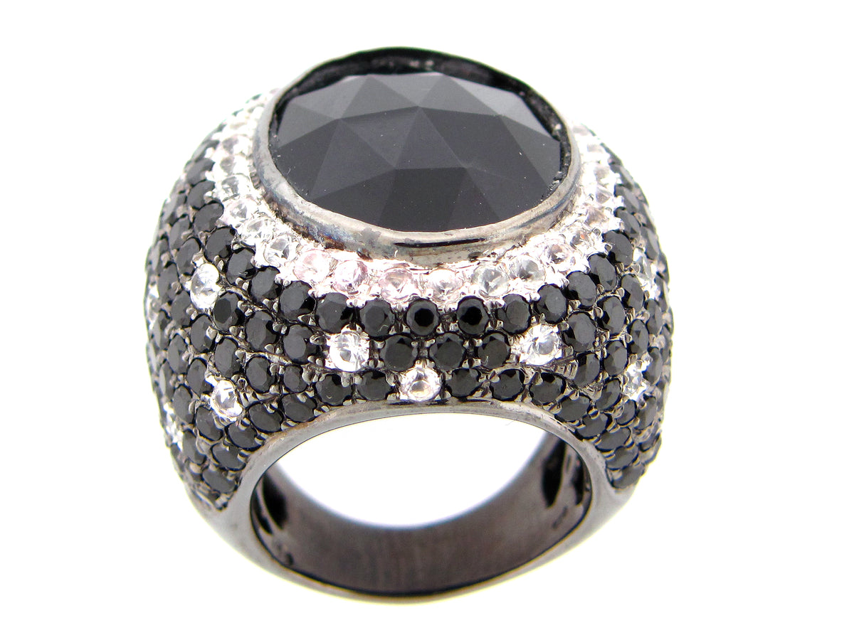 BLACK ONYX, WHITE SAPPHIRE & BLACK SPINEL RING,BLACK FINISH, SILVER (D/H/N)