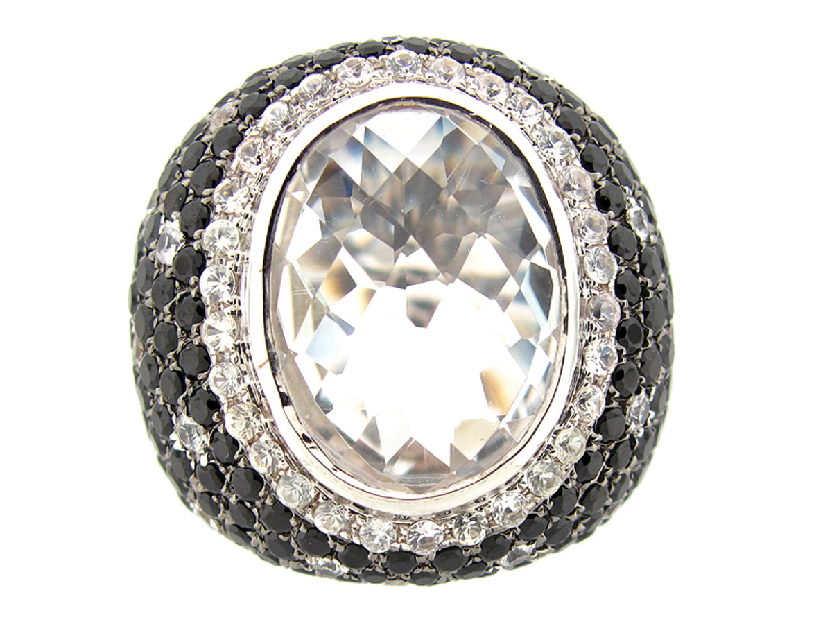 CHB WHITE QUARTZ, WHITE SAPPHIRE & BLACK SPINEL RING, SILVER (H/N)