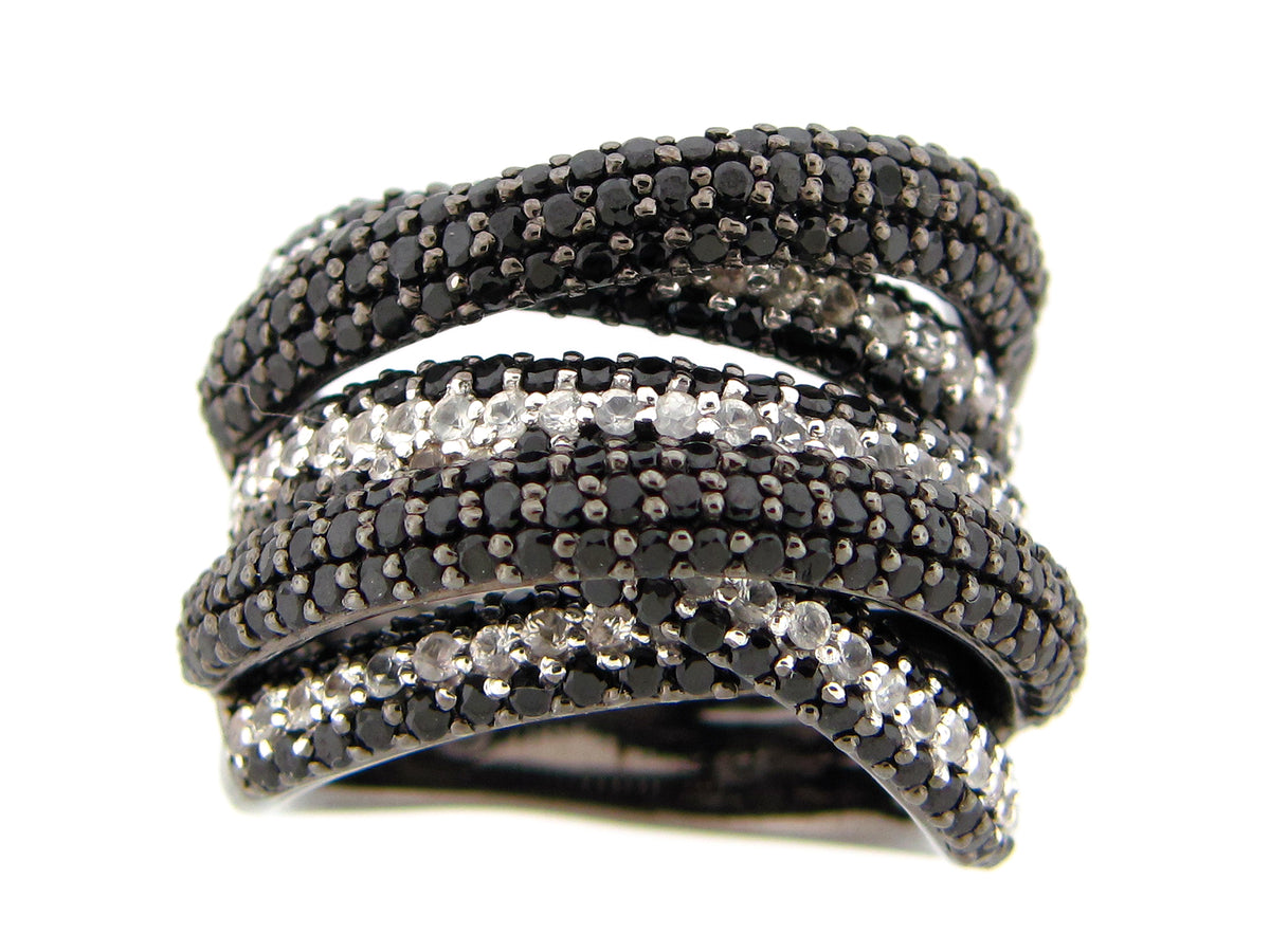 BLACK SPINEL & WHITE SAPPHIRE MULTI STRAND RING, BLACK FINISH, SILVER (H)