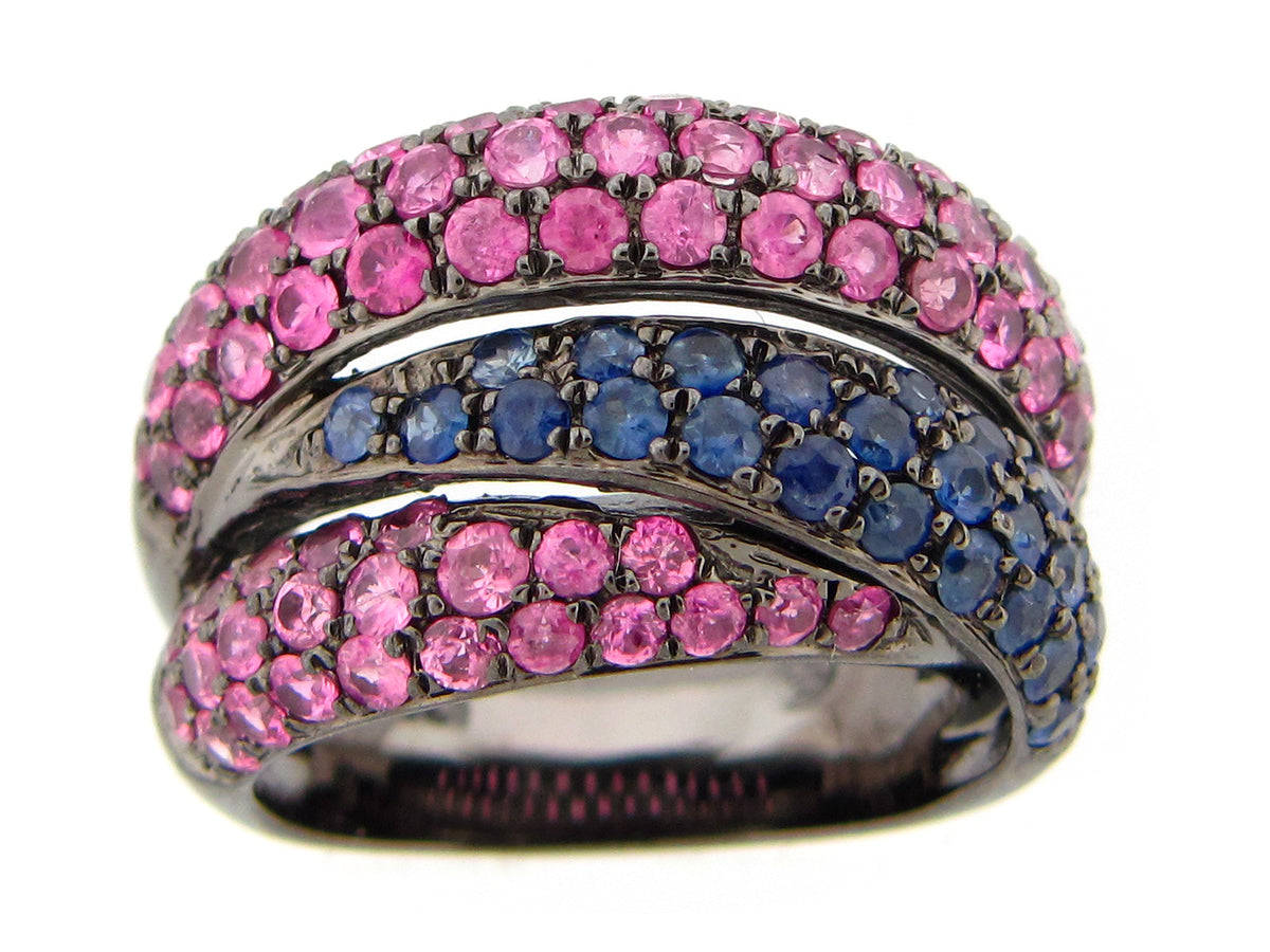 PINK & BLUE SAPPHIRE RING, BLACK FINISH, SILVER (H)