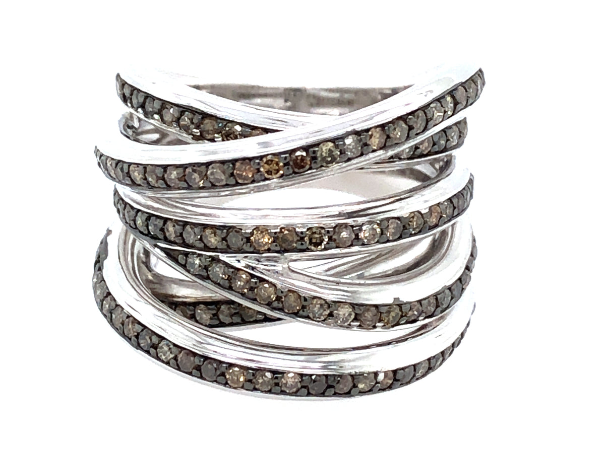 BROWN DIAMOND MULTI STRAND RING, WHITE FINISH, SILVER (N)