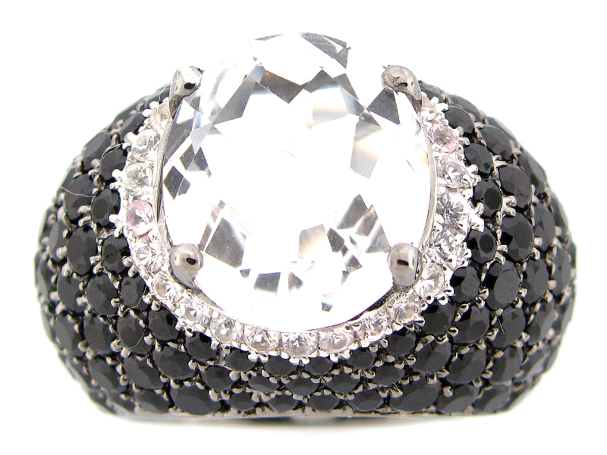 WHITE QUARTZ, WHITE SAPPHIRE & BLACK SPINEL RING, BLACK FINISH, SILVER (H/N)