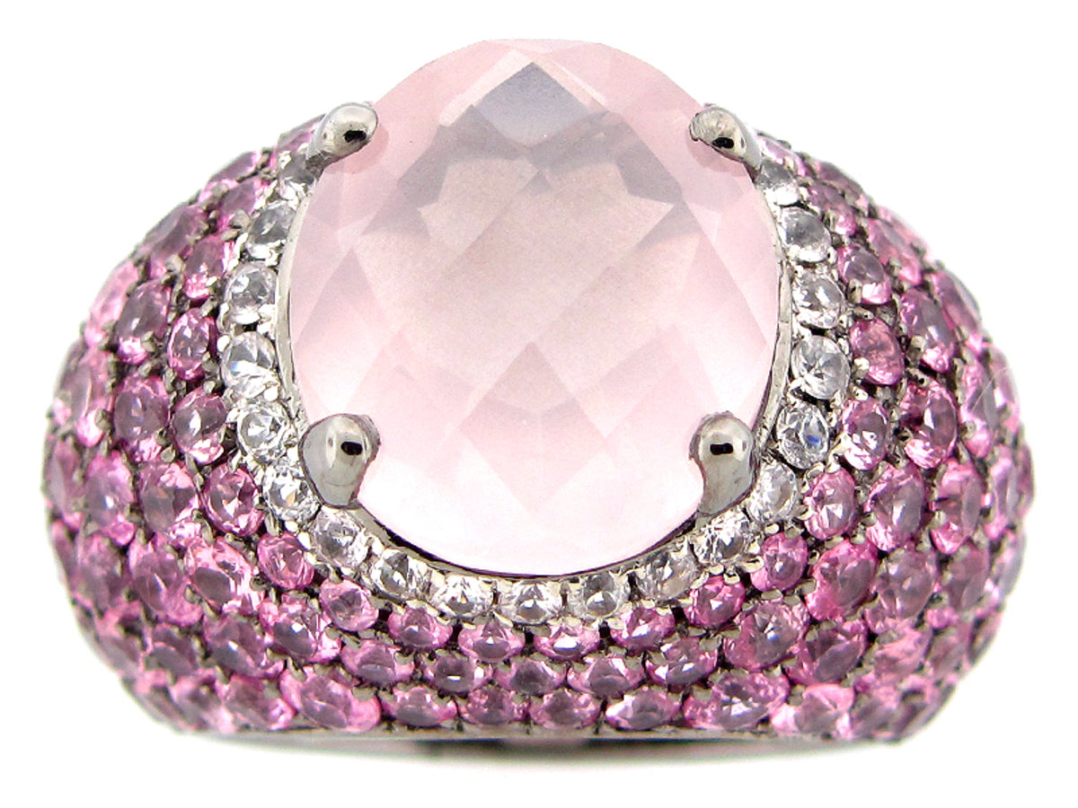 ROSE QUARTZ, WHITE SAPPHIRE & PINK SAPPHIRE RING, BLACK FINISH, SILVER (H)
