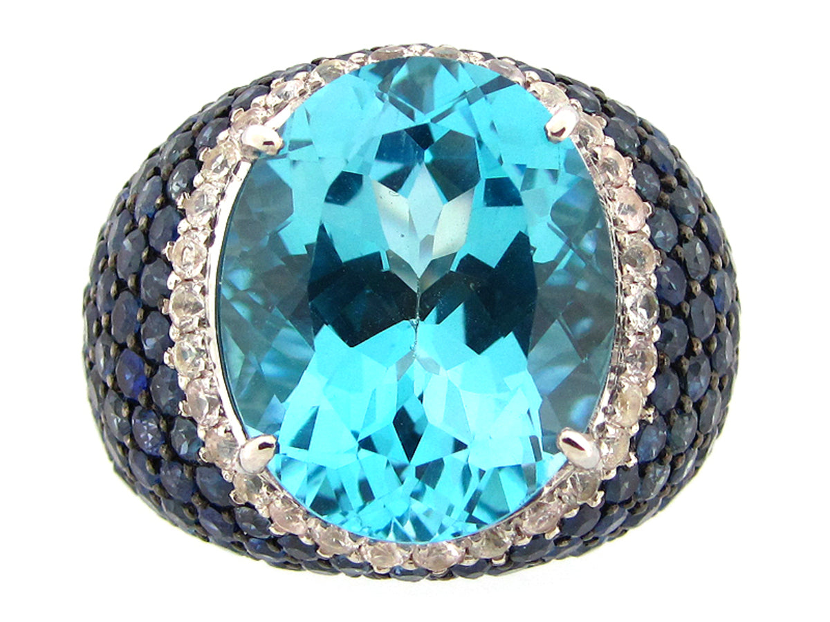 BLUE TOPAZ, WHITE & BLUE SAPPHIRE RING, SILVER (R/H)