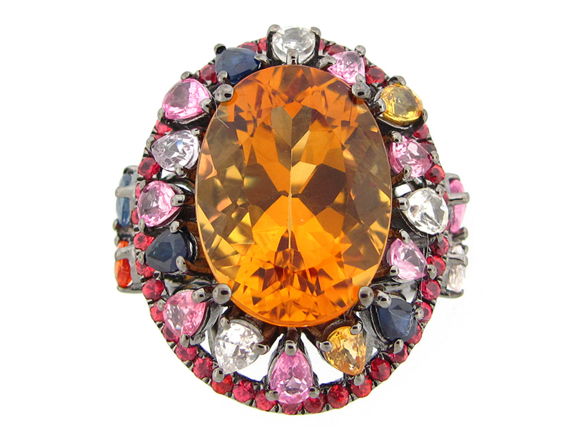 CITRINE & FANCY COLOR SAPPHIRE RING, BLACK FINISH, SILVER (H/U)