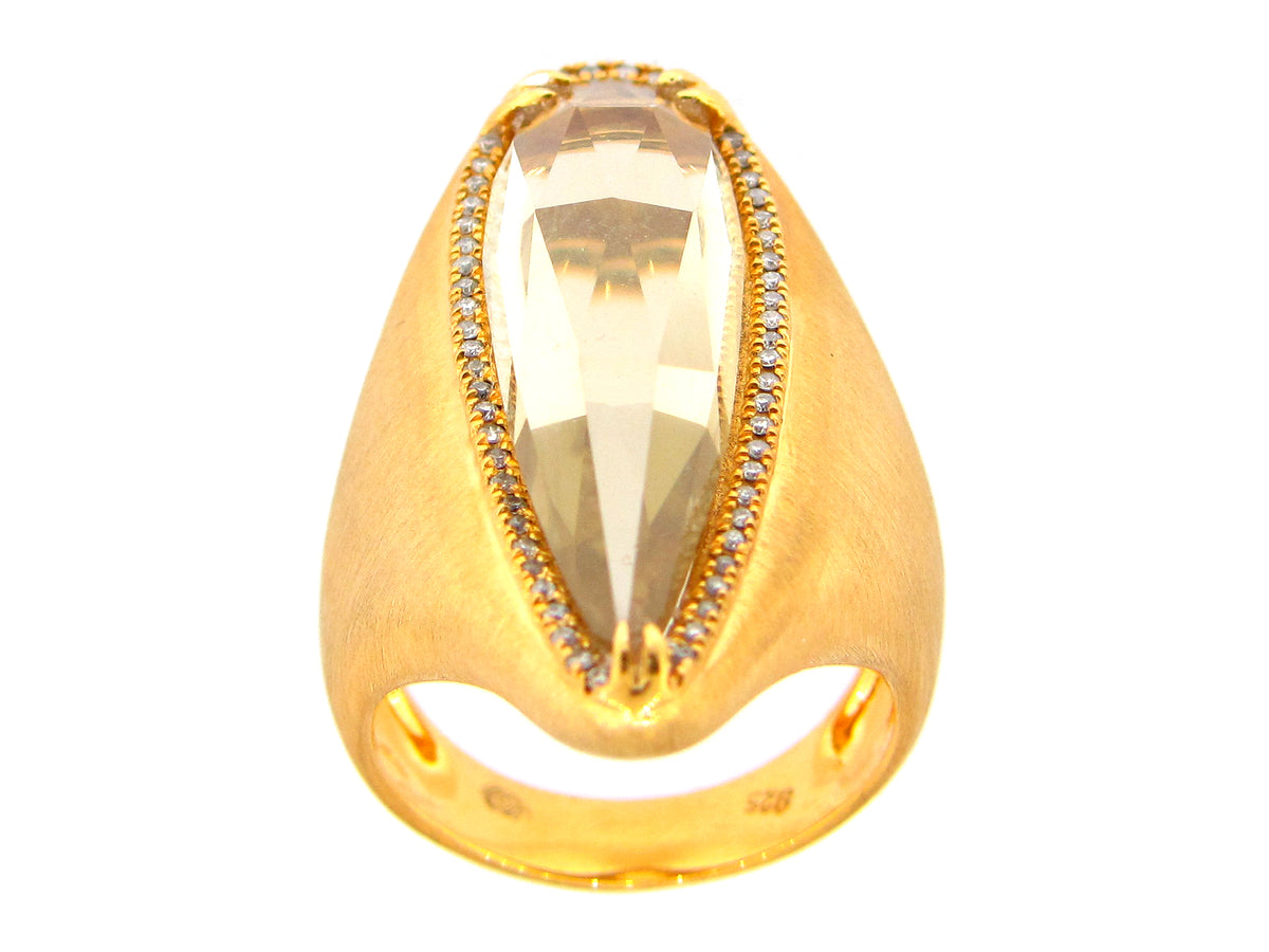 LEMON QUARTZ & DIAMOND RING,YELLOW FINISH, SILVER (H/N)
