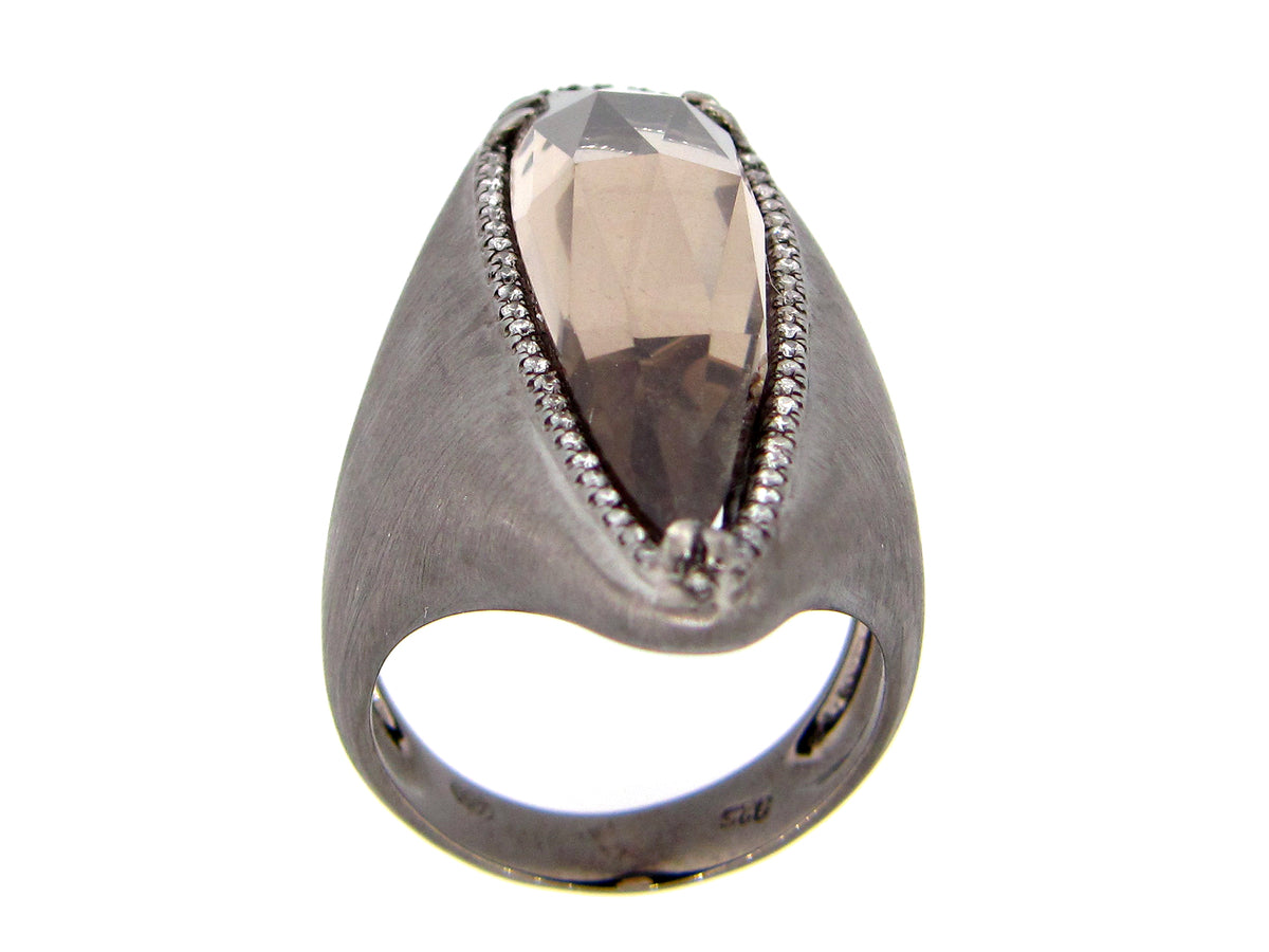 SMOKEY QUARTZ & DIAMOND RING, BLACK FINISH, SILVER (H/N)