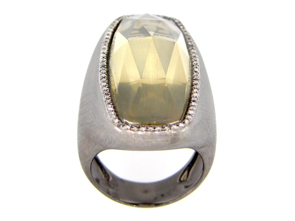 LEMON QUARTZ AND DIAMOND RING, BLACK FINISH, SILVER (H/N)