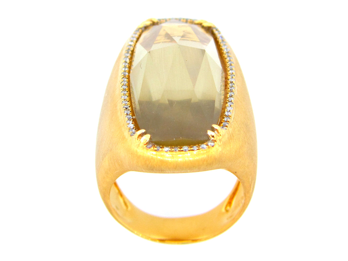 LEMON QUARTZ AND DIAMOND RING, YELLOW FINISH, SILVER (H/N)