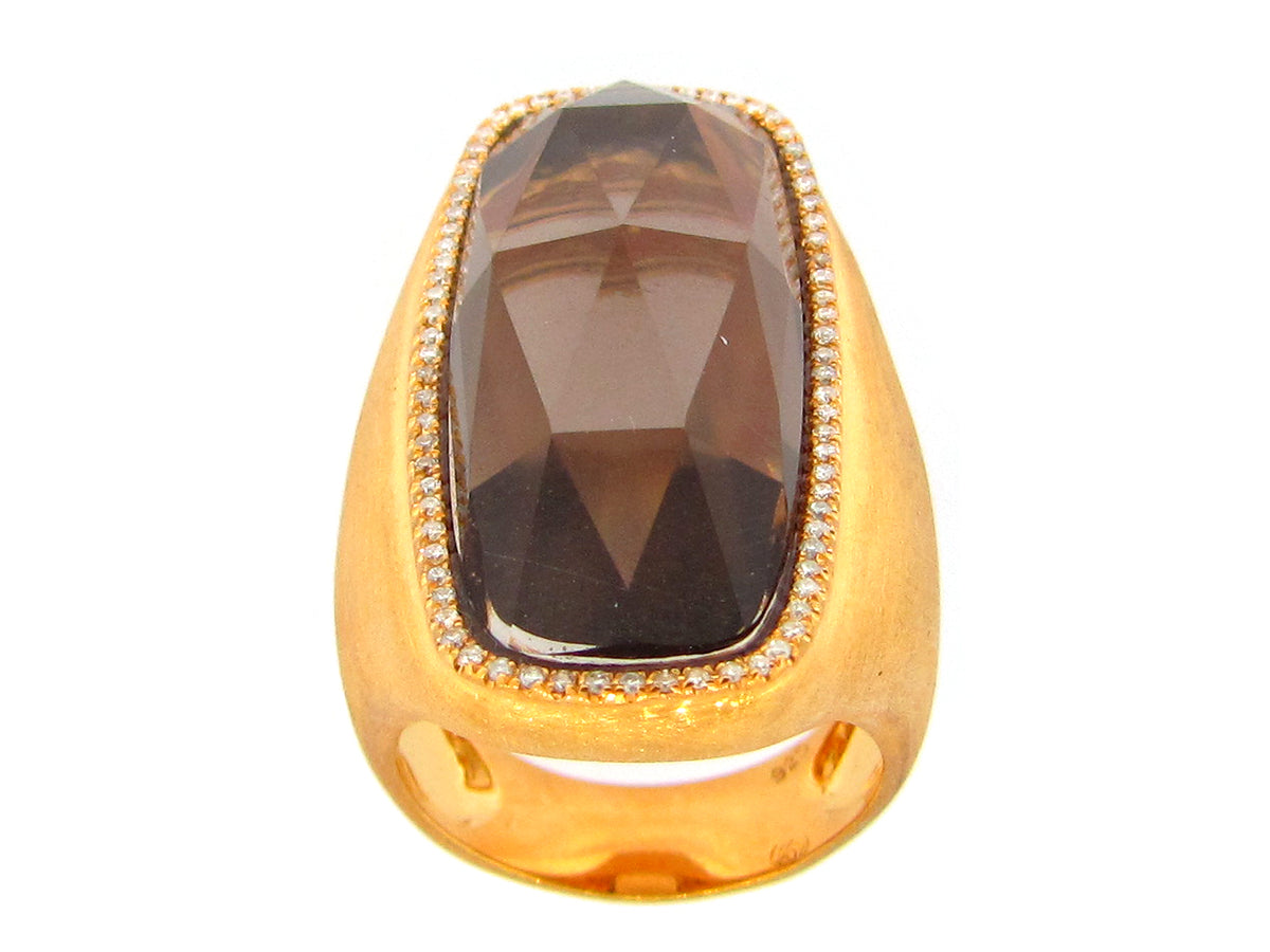 SMOKEY QUARTZ & DIAMOND RING, YELLOW FINISH, SILVER (H/N)