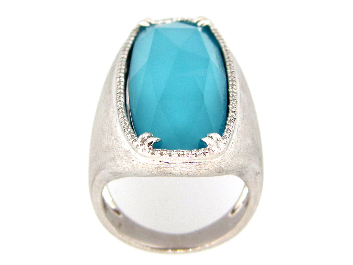 TURQUOISE COLOR QUARTZ DOUBLET & DIAMOND RING, SILVER (ASBL)